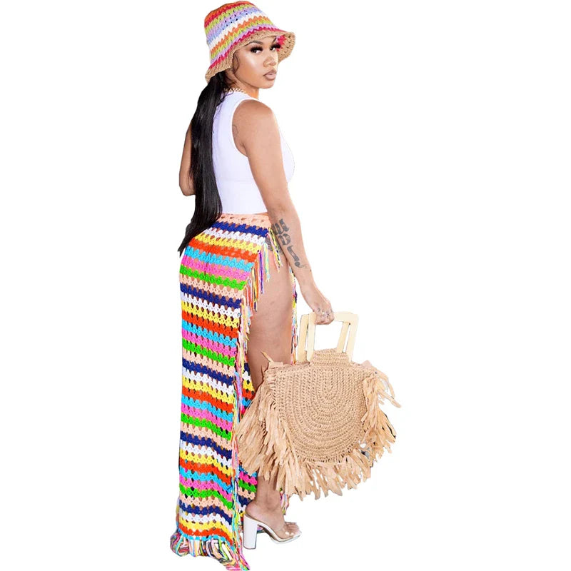 qgtao Colorful Hand Crochet Tassel Maxi Skirts Women Fashion Sexy Side High Split Knitted Long Beach Cover Ups Casual Petticoats