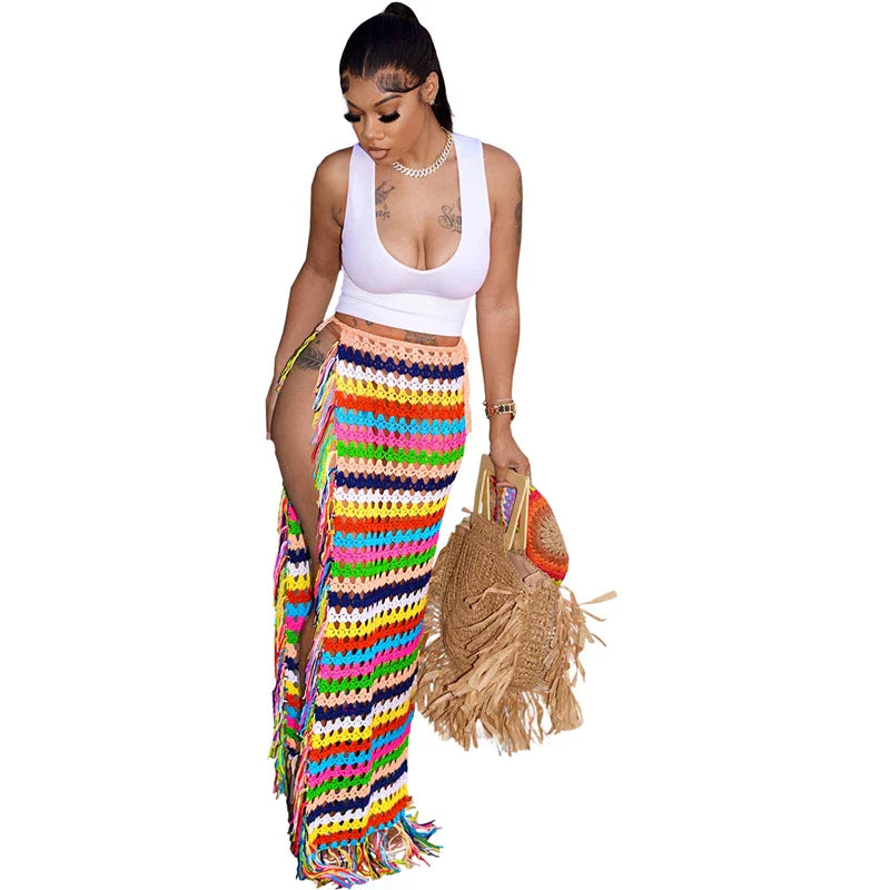 qgtao Colorful Hand Crochet Tassel Maxi Skirts Women Fashion Sexy Side High Split Knitted Long Beach Cover Ups Casual Petticoats