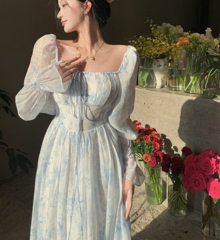 France Floral Sexy Dress Women Elegant Party Midi Dress Casual High Waist Puff Sleeve Korean Fashion Holiday Female Dress Summer