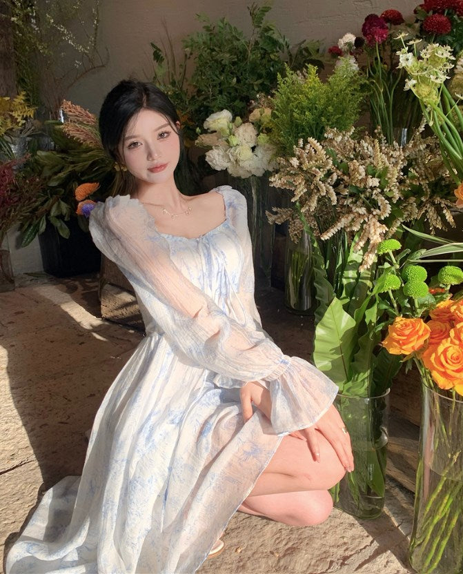 France Floral Sexy Dress Women Elegant Party Midi Dress Casual High Waist Puff Sleeve Korean Fashion Holiday Female Dress Summer