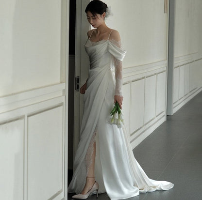 qgtao Off Shoulder Lace Wedding Gowns Big Size Custom Made A Line Long Sleeves Ruched Satin High Slit Bridal Dress