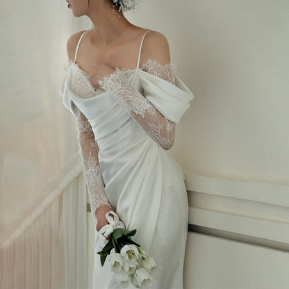 qgtao Off Shoulder Lace Wedding Gowns Big Size Custom Made A Line Long Sleeves Ruched Satin High Slit Bridal Dress