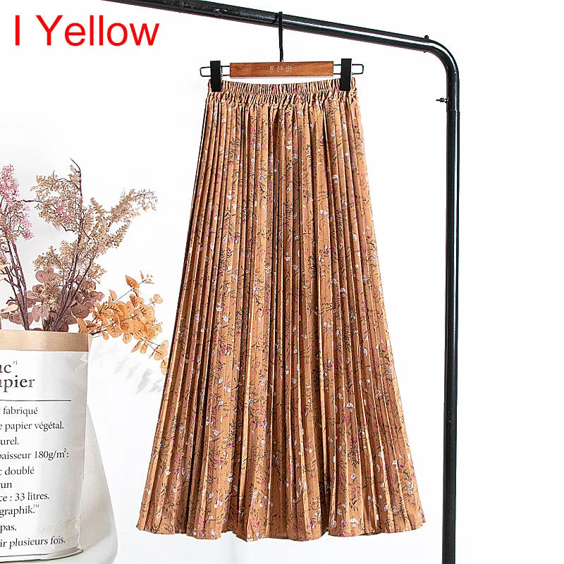 qgtao Skirts Womens 2024 High Waist Floral Print Mid Calf Long Pleated Skirt Women Summer Vintage Elegant Chiffon Midi Skirt