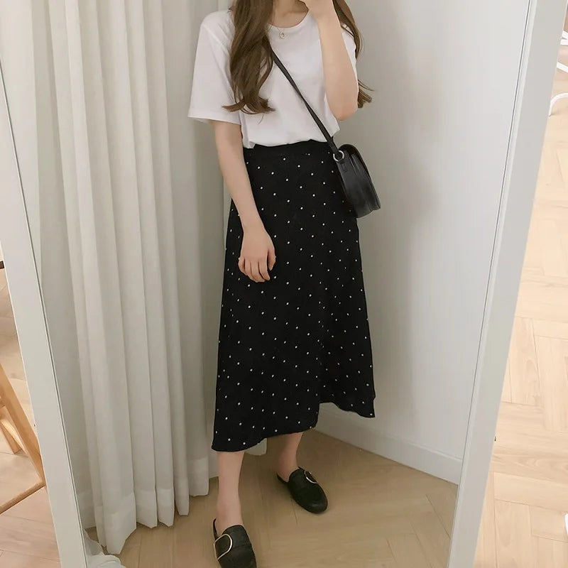 qgtao 2024 Summer Women Black Polka Dot Chiffon Long Skirt Elegant Lady High Waist Maxi Skirts Casual Boho Beach Vintage Slim Skirt