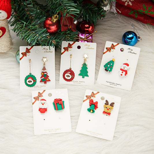 New Trendy Asymmetrical Christmas Stud Earrings Xmas Tree Santa Claus Hat Elk Deer Bell Snowman Soft Pottery New Year Party Gift