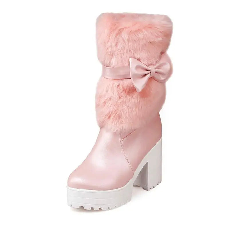 qgtao High-heeled snow boots female Lolita sweet bow student fur boots  plus cashmere keep warm women shoes cute bowknot kawaii snow