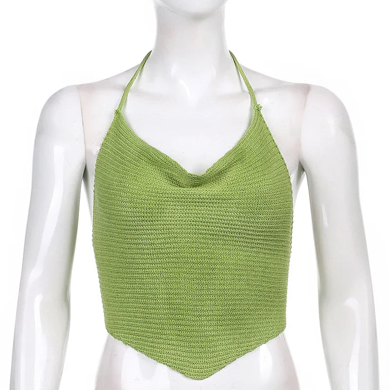 qgtao Green Knitted Y2K Halter Camis Women Vintage Backless Lace-up Crop Tops E-girl Aesthetic Cute Mini Vests Beach Style Clothes