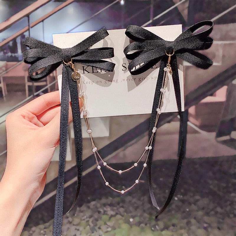 AWAYTR New Bow Pearls Chain Barrettes Hairpins For Women Rhinestone Spring Hair Clips Ribbon Headband Ponytail Hair Accessories