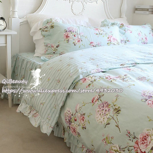 flower print bedding set European and American Pastoral Style New Flower Cotton Ruffle Craft Bedding Four-Piece Set