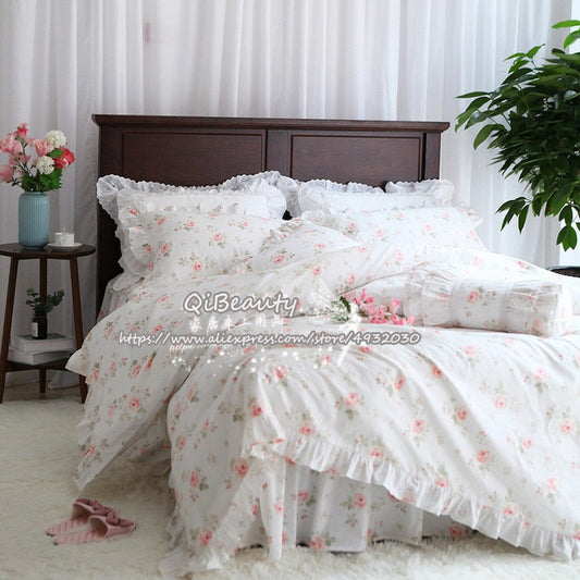 QiBeauty European pastoral pink rose lotus leaf four-piece cotton quilt cover  bedding set Ruffle duvet sheet  bedspread