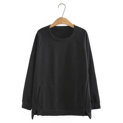 qgtao Plus Size T-Shirt For Women XL-4XL Long Sleeve Round Neck With Split On BothSides Solid Color Large Size Simplicity Tops Autumn