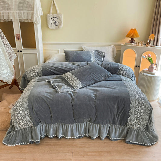 Super Soft Warm Cozy Shaggy Velvet Fleece Princess Bed Skirt Bedding Set Lace Ruffles Quilt/Duvet Cover Set Bed Linen Pillowcase