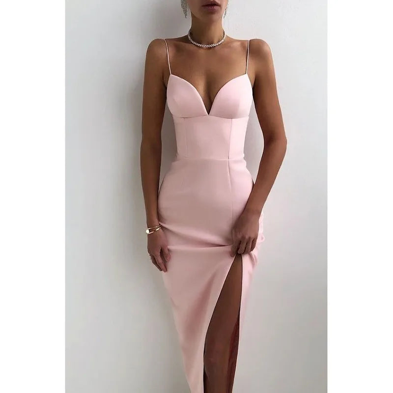 qgtao Elegant High Slit Midi Bodycon Dress Women Sexy Spaghetti Straps Corset Dress Gown Club Party Vestidos Backless Clothes