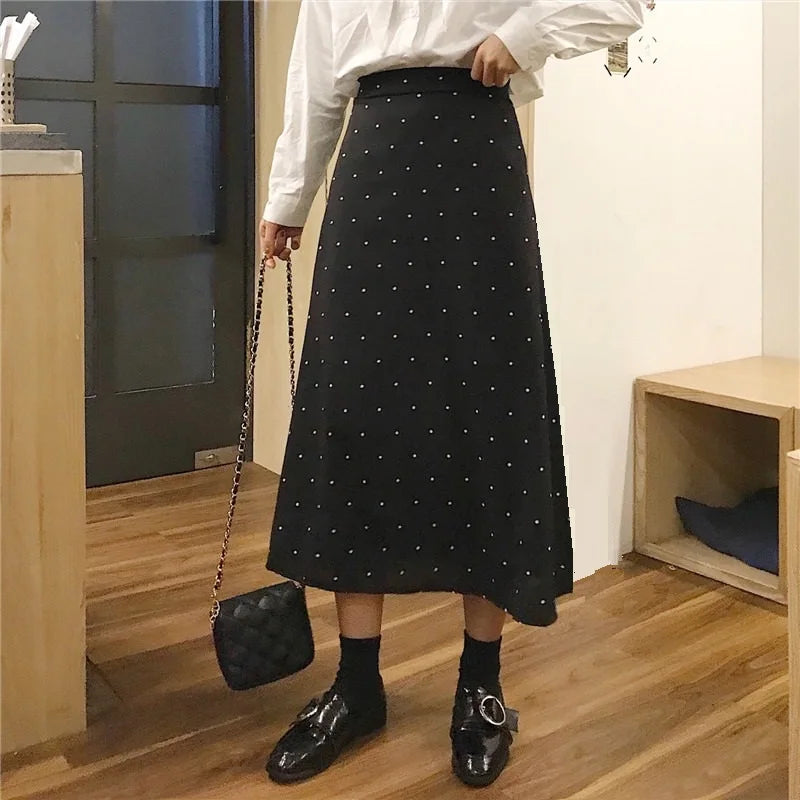 qgtao 2024 Summer Women Black Polka Dot Chiffon Long Skirt Elegant Lady High Waist Maxi Skirts Casual Boho Beach Vintage Slim Skirt