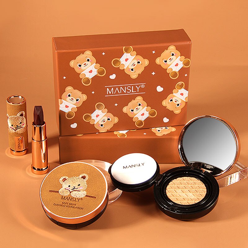 Lucky Cute Bear Makeup Set Three-color Velvet Lipstick Oil Control Air Cushion BB Cream Concealer Foundation Natural Cosmetics