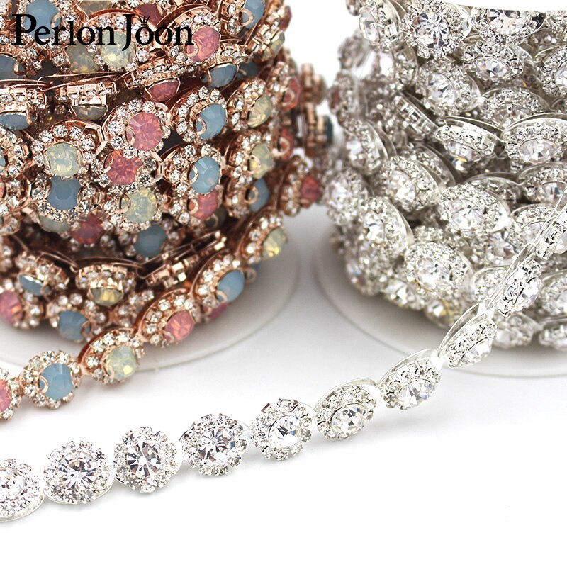 1yard Color crystal jelly rhinestones trim Ribbon Rose gold metal crystal chain for dress, bag, shoes accessories ML044