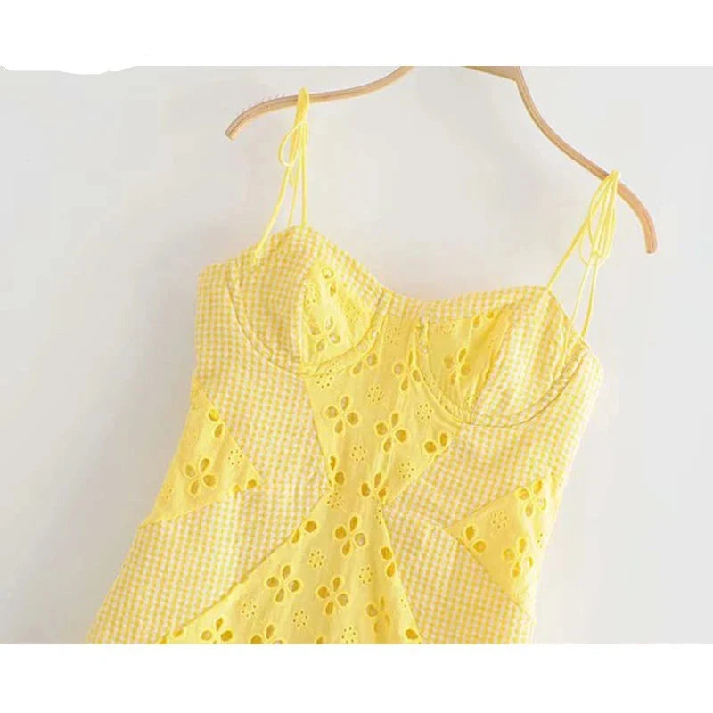 qgtao  Women Yellow Lace Trim Spaghetti Strap Bodycon Mini Dress Romantic Lady Backless Sleeveless Party Club Sexy Dress