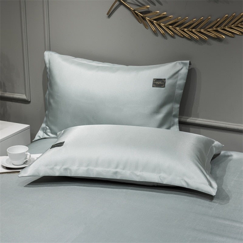 Yeknu Newest Products Pure Color Embroidered ice Silk Mat Bed Cover fitted sheet Pillowcases 3 pcs Luxury Bedding Silver Gray