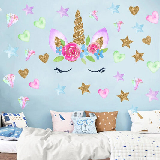 Cartoon Unicorn Wall Sticker For Kids Bedroom Wall Decoration Removable Unicorn Star Heart Mural Home Living Room Wall Stickers