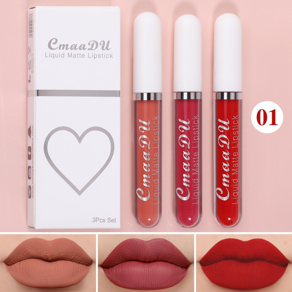 Waterproof Lip Gloss Velvet Matte Long-lasting Moisturizing Non-Fade Velvet Lipstick Lip Tint Women Cosmetics Makeup 3 Color/set