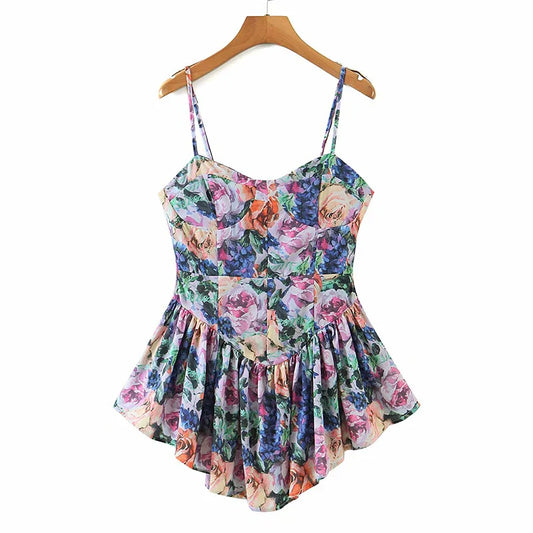 qgtao Vintage Multicolor Floral Print Sexy Sling Dress Women Summer Chiffon Super-Short Dress Holiday Beach Sundress Vestido