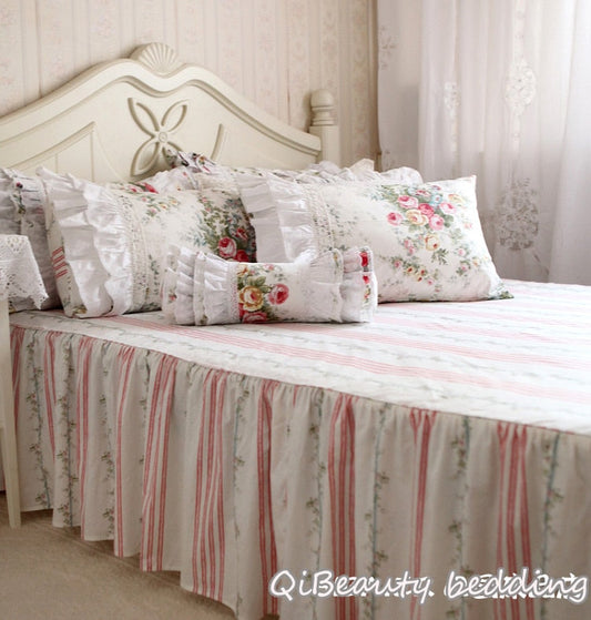 qgtao European-style pastoral lotus leaf lace handmade pleated cotton bedding Queen   Size four-piece set