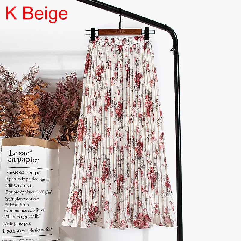 qgtao Skirts Womens 2024 High Waist Floral Print Mid Calf Long Pleated Skirt Women Summer Vintage Elegant Chiffon Midi Skirt