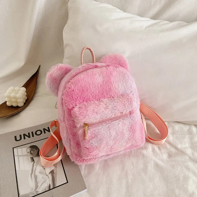 qgtao Korean Mini Backpack For Girls Cute New Bear Ears Plush Women Backpack Faux Fur Shoulders Bag Furry Ladies Bagpack KPOP