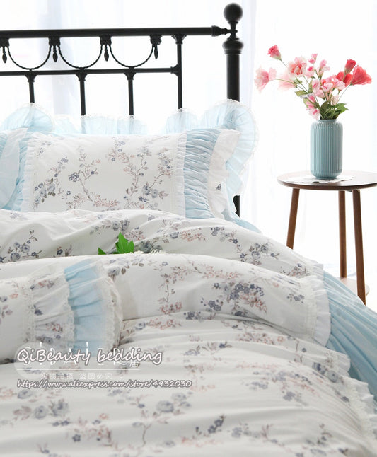 qgtao Elegant princess style cotton bed skirt quilt cover bedding set with small floral for home