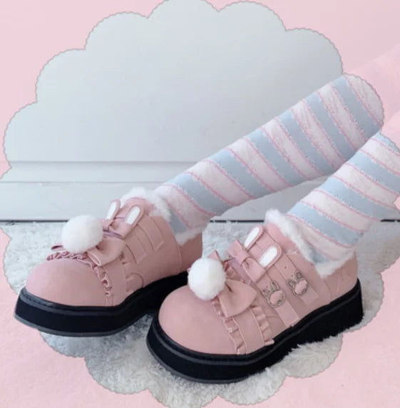 qgtao Winter kawaii girl sweet lolita shoes vintage round head plus cashmere keep warm women shoes cute bowknot kawaii loli snow boots