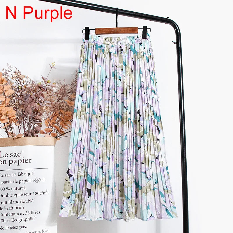 qgtao Skirts Womens 2024 High Waist Floral Print Mid Calf Long Pleated Skirt Women Summer Vintage Elegant Chiffon Midi Skirt