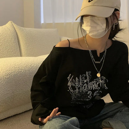qgtao Y2K T-shirt Fairy Grunge 2023 Vintage Letter Print Tops Black Autumn Off Shoulder Long Sleeved Korean Tees Loose Harajuku Shirt
