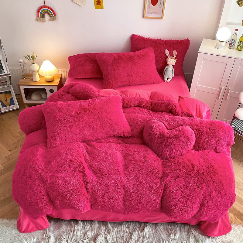 Yeknu - Super Shaggy Coral Fleece Warm Cozy Princess Bedding Set Mink Velvet Quilt/Duvet Cover Set Bed Comforter Blanket Pillowcases