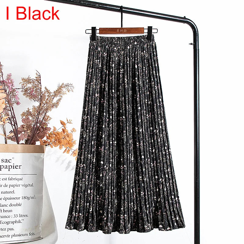 qgtao Skirts Womens 2024 High Waist Floral Print Mid Calf Long Pleated Skirt Women Summer Vintage Elegant Chiffon Midi Skirt