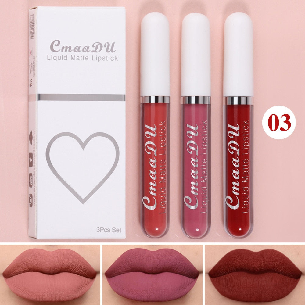 Waterproof Lip Gloss Velvet Matte Long-lasting Moisturizing Non-Fade Velvet Lipstick Lip Tint Women Cosmetics Makeup 3 Color/set