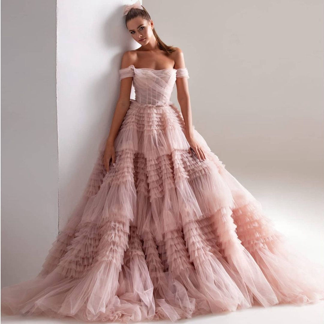 New Fashion Ball Gown Evening Dresses Off The Shoulder Corset Layered Puffy Tulle Long Wedding Prom Dress Luxury Plus Size 2021