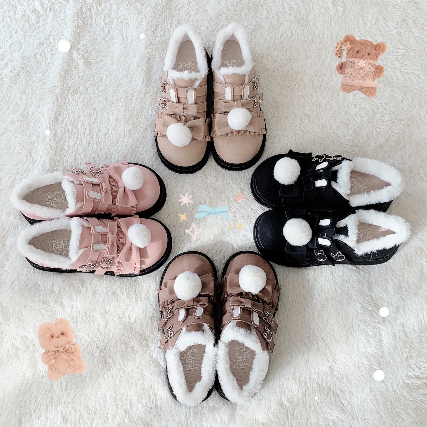 qgtao Winter kawaii girl sweet lolita shoes vintage round head plus cashmere keep warm women shoes cute bowknot kawaii loli snow boots