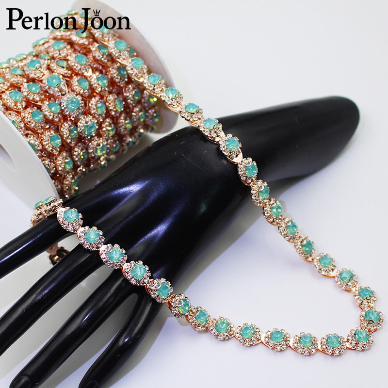 1yard Color crystal jelly rhinestones trim Ribbon Rose gold metal crystal chain for dress, bag, shoes accessories ML044