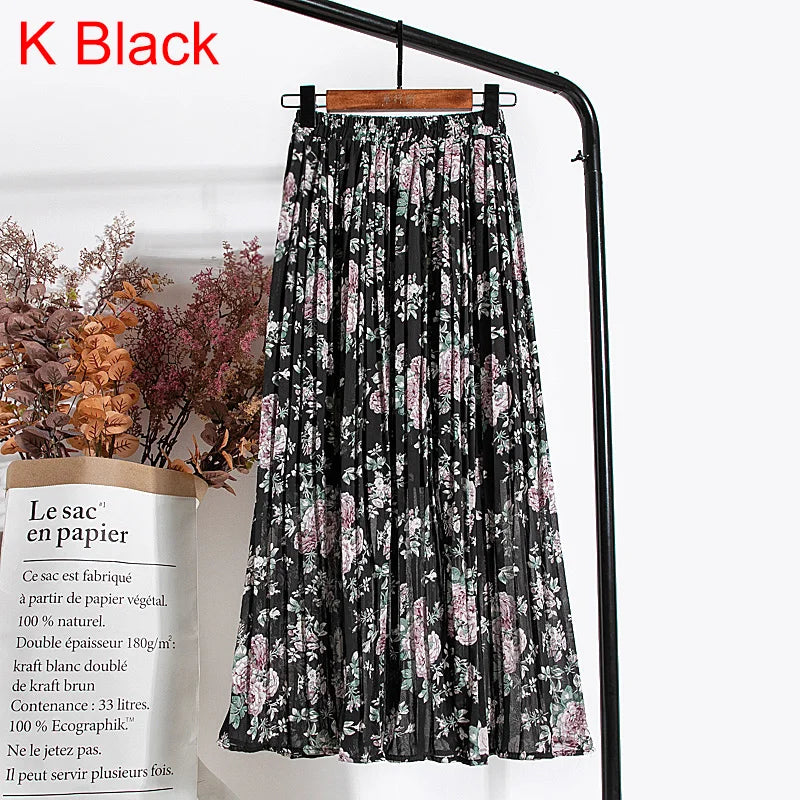 qgtao Skirts Womens 2024 High Waist Floral Print Mid Calf Long Pleated Skirt Women Summer Vintage Elegant Chiffon Midi Skirt