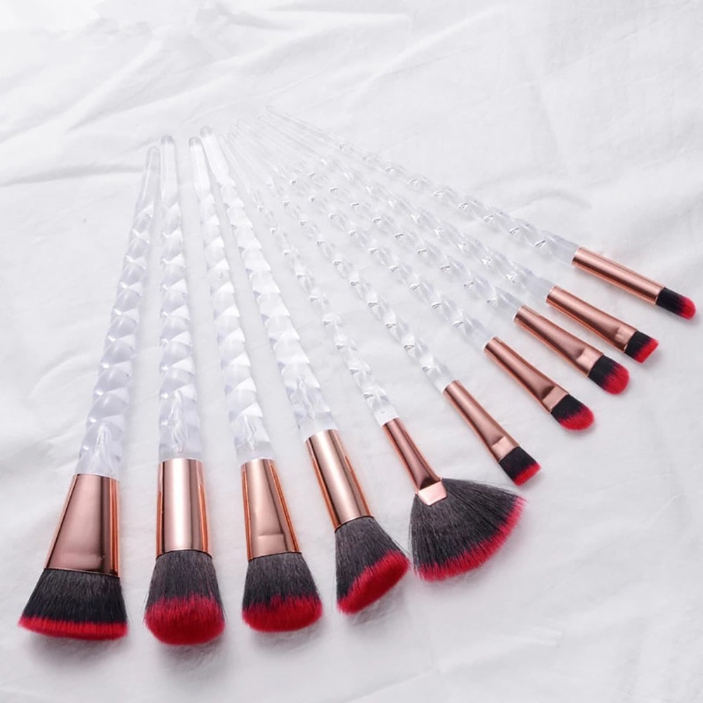 NEW BLACK+RED 10PCS/SET Spiral Design Plastic Handle Beauty Makeup Brushes Cosmetic Foundation Powder Blush Make Up Brush Tool