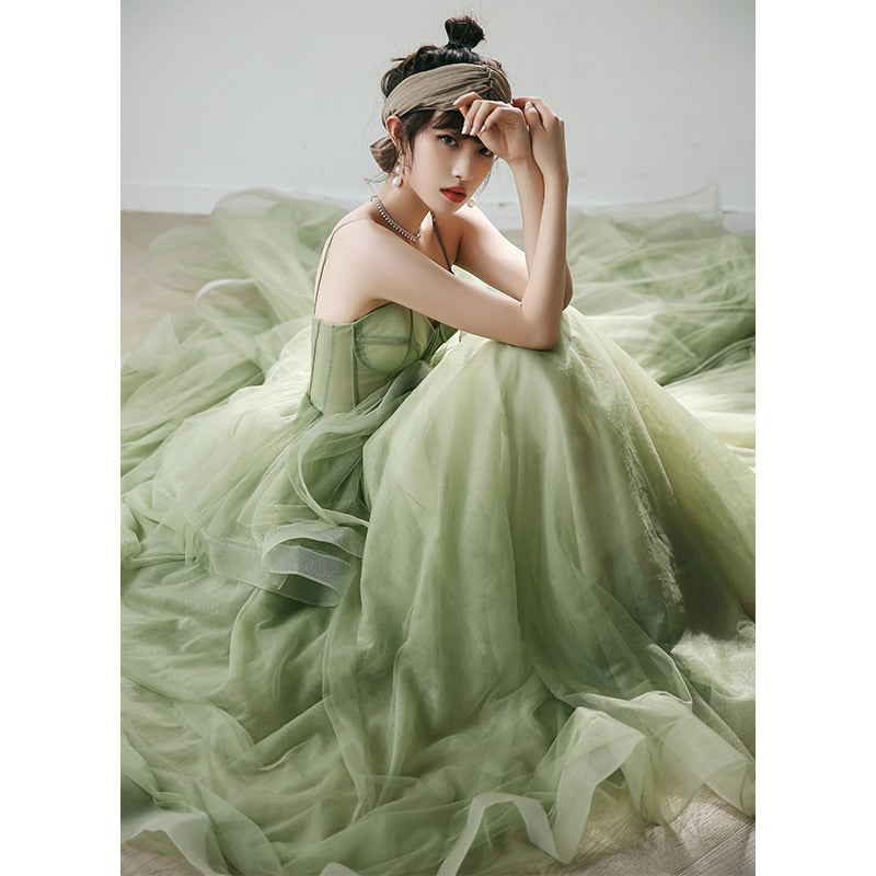 Grass light Green long sweat elegant small training lady girl women princess banquet party ball prom dress gown free shipping