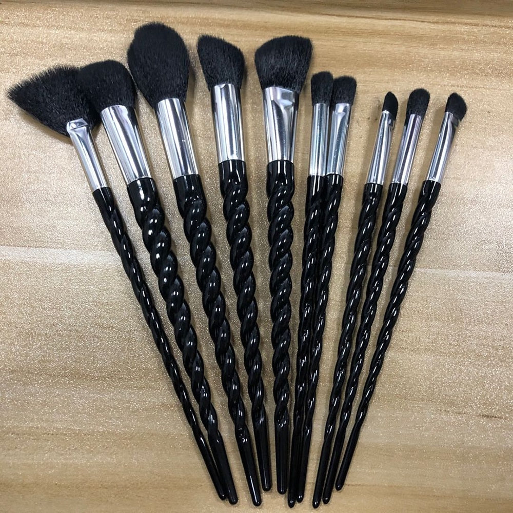 NEW BLACK+RED 10PCS/SET Spiral Design Plastic Handle Beauty Makeup Brushes Cosmetic Foundation Powder Blush Make Up Brush Tool