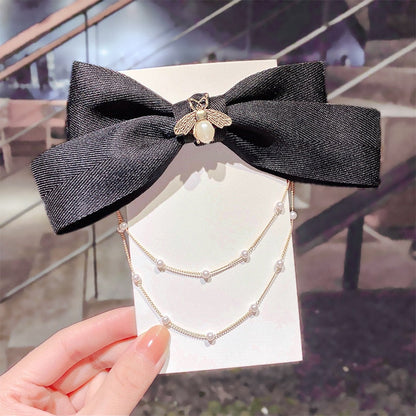 AWAYTR New Bow Pearls Chain Barrettes Hairpins For Women Rhinestone Spring Hair Clips Ribbon Headband Ponytail Hair Accessories