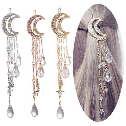 Fashion Elegant Women Hair Bands Lady Moon Rhinestone Crystal Tassel Long Chain Beads Dangle Hairpin Hair Clip Hair Jewelry