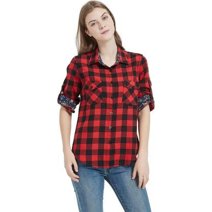 qgtao Women Tops Collared Button Down shirts Ladies Blouses Roll up Long Sleeve Western Tartan Plaid Flannel Shirt  Hot Sale plus size