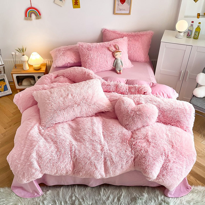 Yeknu - Super Shaggy Coral Fleece Warm Cozy Princess Bedding Set Mink Velvet Quilt/Duvet Cover Set Bed Comforter Blanket Pillowcases