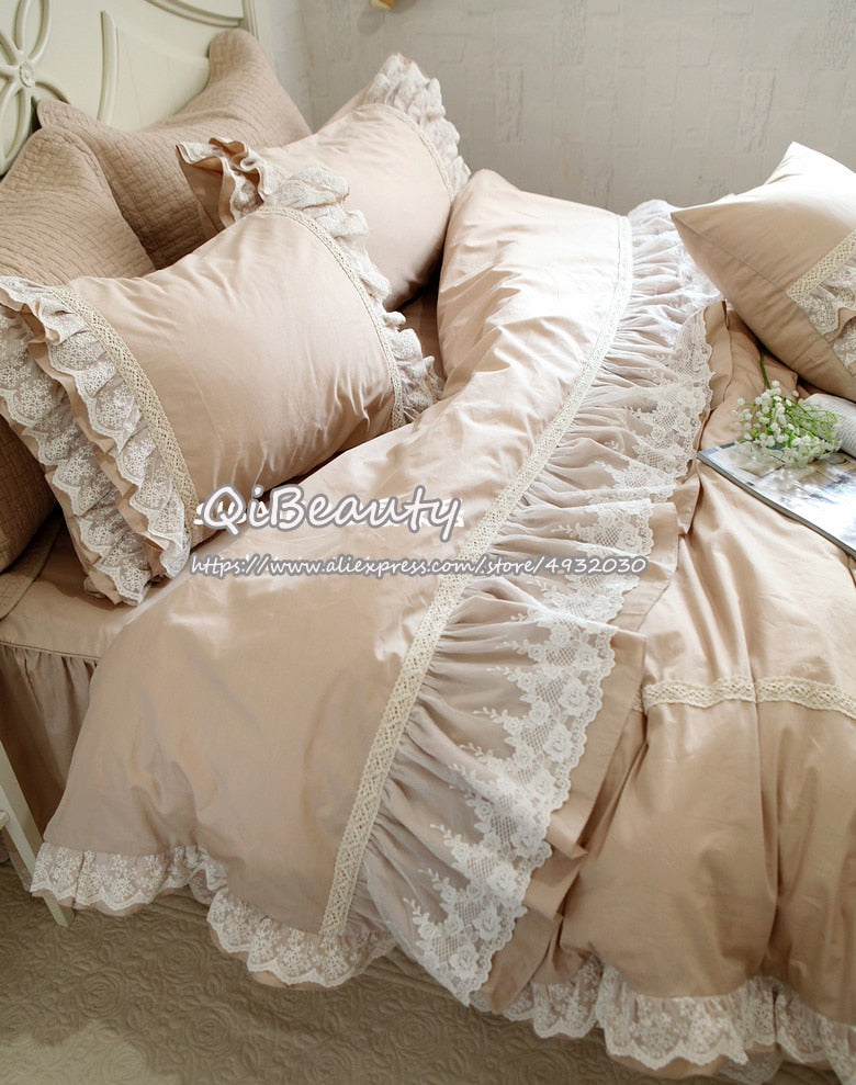 qgtao Khaki Lace Flounced Princess Thick Cotton Four-piece Set Bedding Kit Bedding Set Queen Size