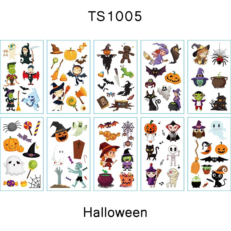 FlorVida 10pcs Kit 12*7cm Temporary Tattoo Stickers For Festival Kids Animal Ocean Space Flowers Spider Halloween Christmas Set