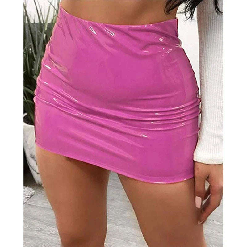 qgtao High Waist Faux Latex Wet Look Shiny PVC Package Hip Pencil Skirt Candy Color PU Leather Jupe Faldas Sexy Clubwear Mini Skirts