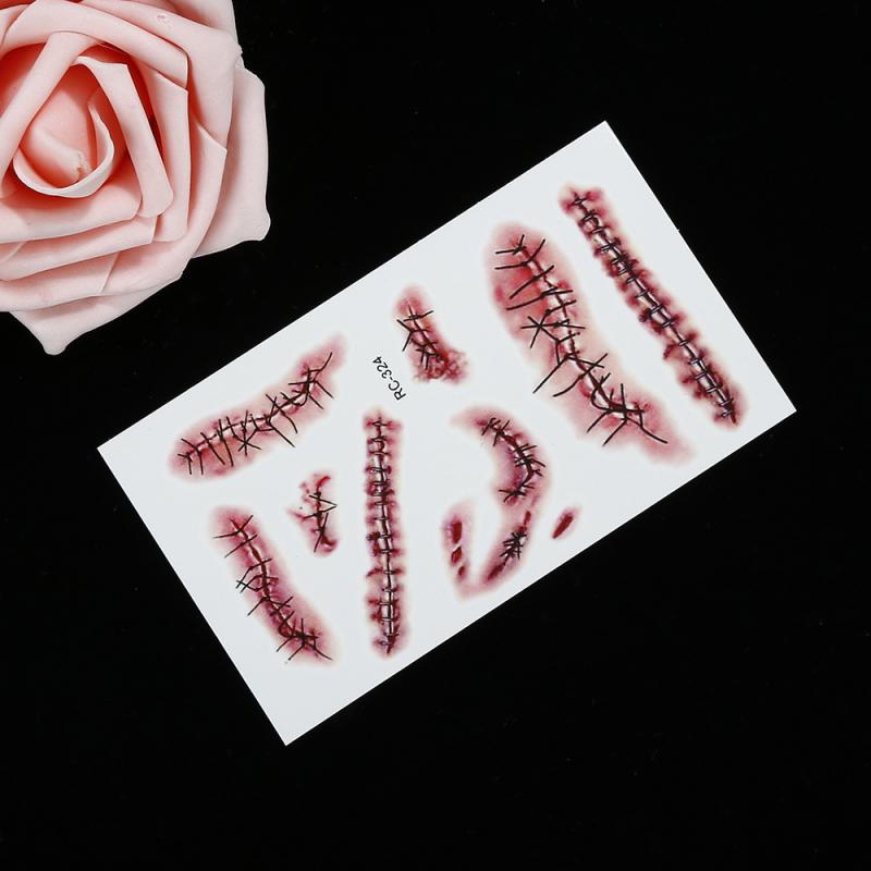 qgtao  Body Makeup Tattoo Stickers Halloween Simulation Horror Bleeding Suture Scars Stickers DIY Halloween Decoration Party Supplies